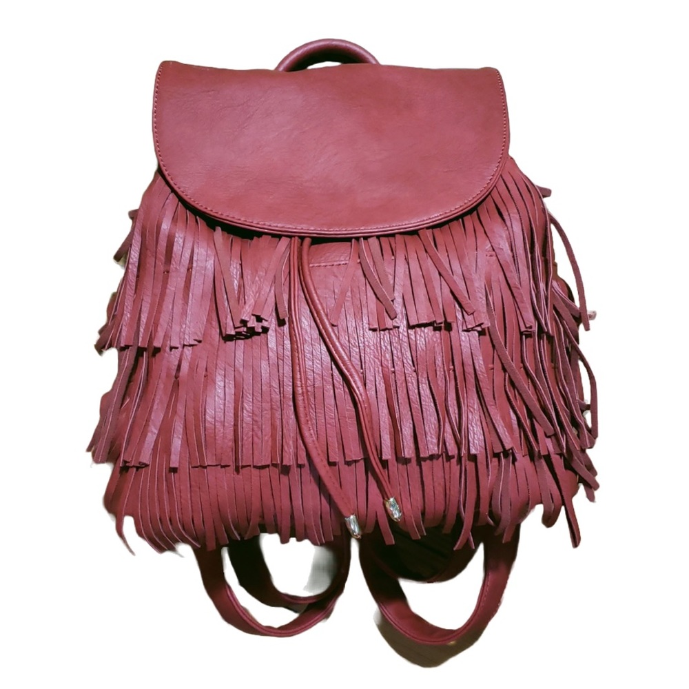 Unbranded Women's Adjustable Red Fringe Backpack Handbag with Drawstrings